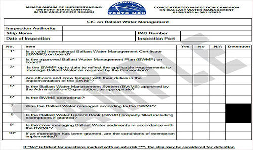 Ballast Water Management Concentrated Inspection Campaign (CIC) by Tokyo MoU and Paris MoU (Sep 1 - Nov 30, 2025)